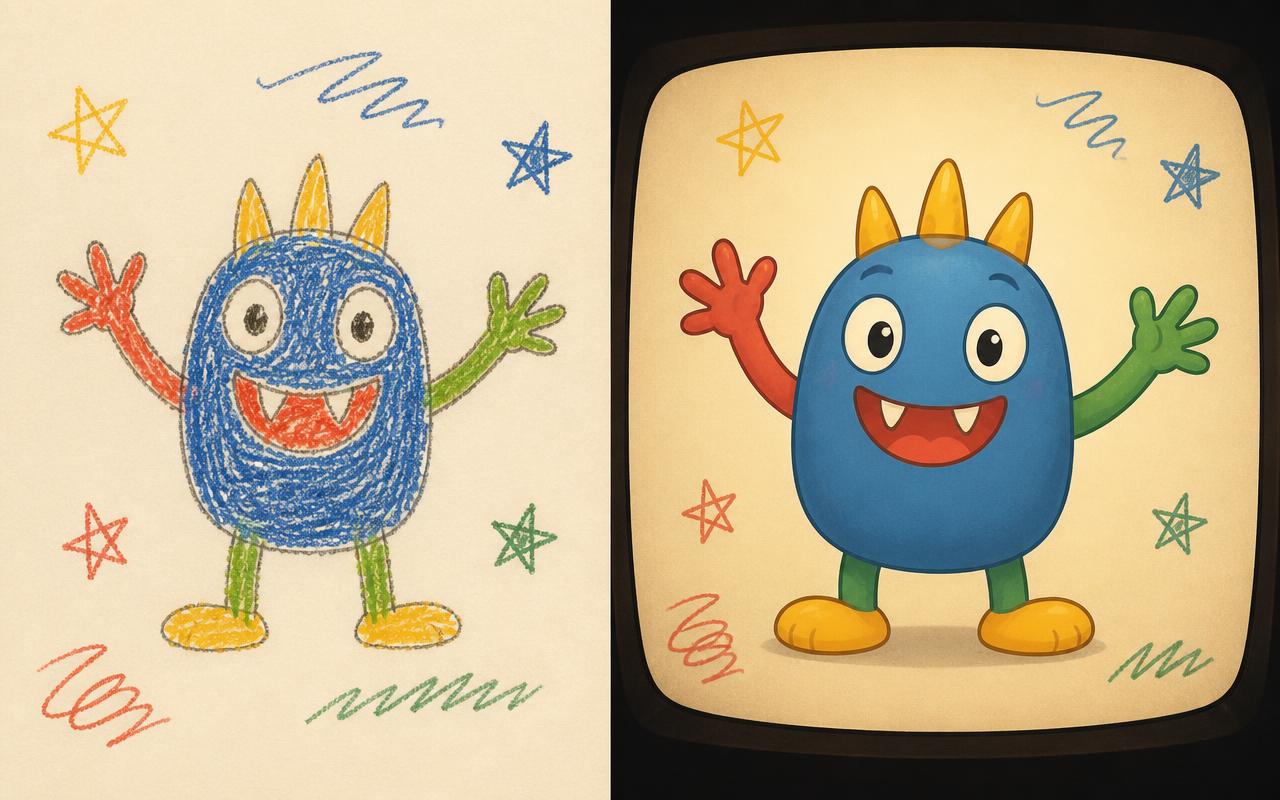 Il disegno a pastello di un bambino accanto allo stesso personaggio diventato un cartone animato